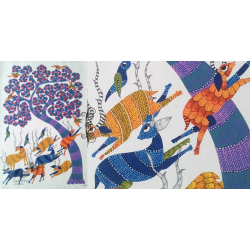 Nandan . नंदन | Canvas Gond Painting - Running Deers ( 2' x 3' )