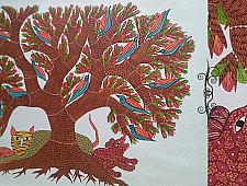 Nandan . नंदन | Canvas Gond Painting - Tiger & Tree ( 2' x 3' )