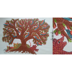 Nandan . नंदन | Canvas Gond Painting - Tiger & Tree ( 2' x 3' )