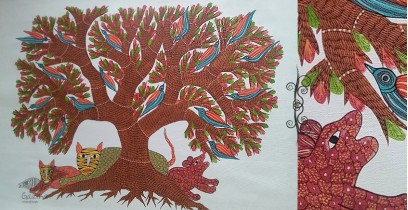 Nandan . नंदन | Canvas Gond Painting - Tiger & Tree ( 2' x 3' )