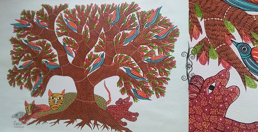 hand painted canvas gond painting - tiger & tree