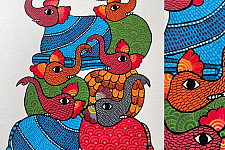 Nandan . नंदन ✦ Handcrafted ~ Gond Painting ( 12" x 16" ) - Elephants