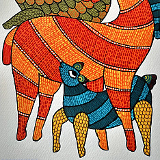 Nandan . नंदन ✦ Handcrafted ~ Gond Painting ( 12" x 16" ) - Deer Family