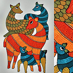 Nandan . नंदन ✦ Handcrafted ~ Gond Painting ( 12" x 16" ) - Deer Family