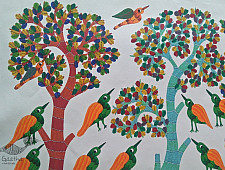 Nandan . नंदन ~ Canvas Gond Painting - ( 2' x 3' ) - Birds & Tree