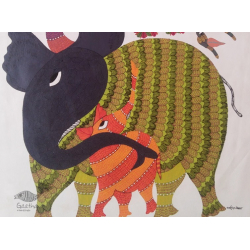 Nandan . नंदन ~ Canvas Gond Painting - ( 2' x 3' ) - Purple Elephant