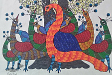 Nandan . नंदन ~ Canvas Gond Painting - ( 2' x 3' ) - Peacocks