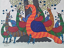 Nandan . नंदन ~ Canvas Gond Painting - ( 2' x 3' ) - Peacocks