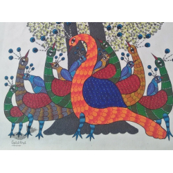 Nandan . नंदन ~ Canvas Gond Painting - ( 2' x 3' ) - Peacocks