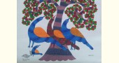 Hand Panted Canvas Gond Painting Three Peacocks