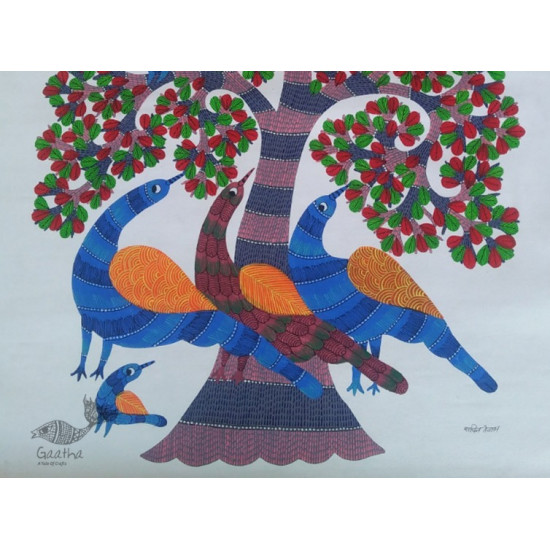 Hand Panted Canvas Gond Painting Three Peacocks