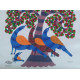 Hand Panted Canvas Gond Painting Three Peacocks