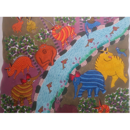 Canvas Gond Painting - Forest Animals