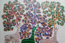 Nandan . नंदन ~ Canvas Gond Painting - ( 2' x 3' ) - Deer & Trees