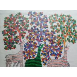 Nandan . नंदन ~ Canvas Gond Painting - ( 2' x 3' ) - Deer & Trees