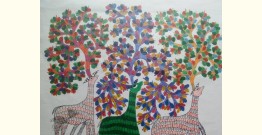 Nandan . नंदन ~ Canvas Gond Painting - ( 2' x 3' ) - Deer & Trees
