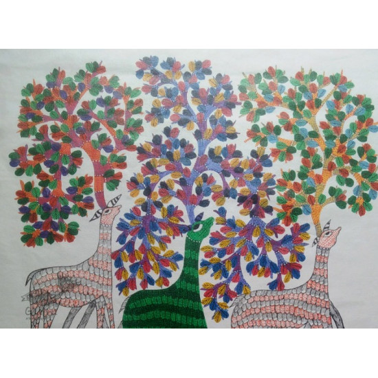 Canvas Gond Painting - Deer & Trees