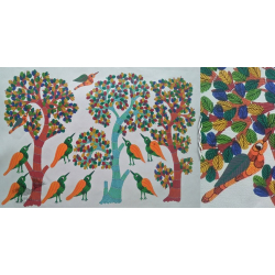 Nandan . नंदन ~ Canvas Gond Painting - ( 2' x 3' ) - Birds & Tree