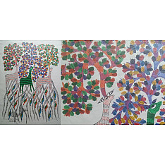 Nandan . नंदन ~ Canvas Gond Painting - ( 2' x 3' ) - Deer & Trees