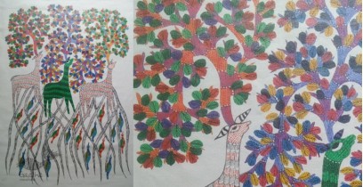 Nandan . नंदन ~ Canvas Gond Painting - ( 2' x 3' ) - Deer & Trees