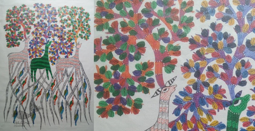 Canvas Gond Painting - Deer & Trees