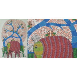 Nandan . नंदन ~ Canvas Gond Painting - ( 2' x 3' ) - Elephants