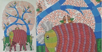 Nandan . नंदन ~ Canvas Gond Painting - ( 2' x 3' ) - Elephants