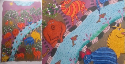 Nandan . नंदन ~ Canvas Gond Painting - ( 2' x 3' ) - Forest Animals