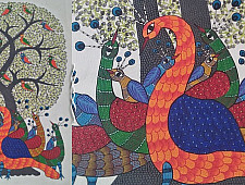 Nandan . नंदन ~ Canvas Gond Painting - ( 2' x 3' ) - Peacocks