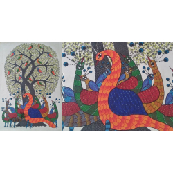 Nandan . नंदन ~ Canvas Gond Painting - ( 2' x 3' ) - Peacocks