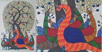 Nandan . नंदन ~ Canvas Gond Painting - ( 2' x 3' ) - Peacocks