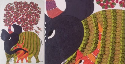 Nandan . नंदन ~ Canvas Gond Painting - ( 2' x 3' ) - Purple Elephant