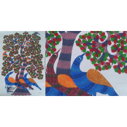 Nandan . नंदन ~ Hand Painted Canvas Gond Painting - ( 2' x 3' ) - Three Peacocks