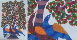 Nandan . नंदन ~ Hand Painted Canvas Gond Painting - ( 2' x 3' ) - Three Peacocks