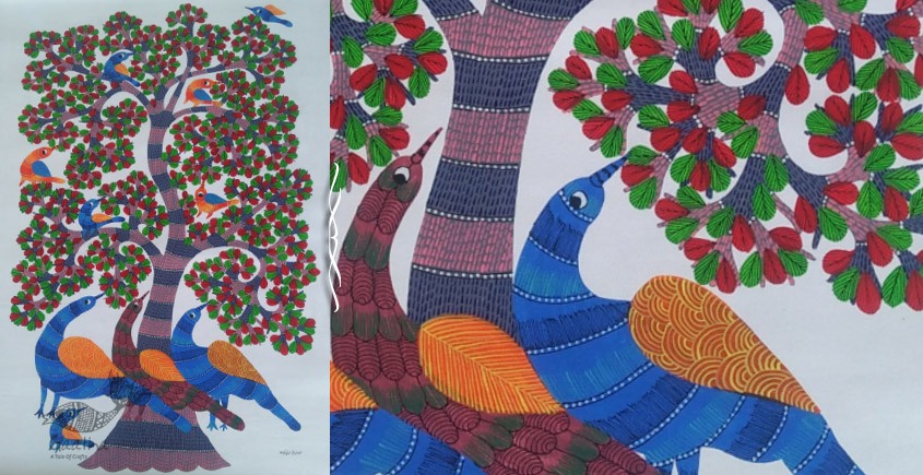 Hand Panted Canvas Gond Painting Three Peacocks