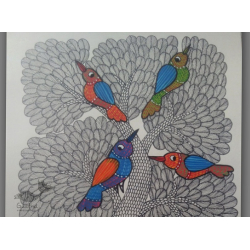 Nandan . नंदन ~ Hand Painted Gond Art ~ Painting ( 11" x 15" ) - birds