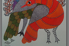 Nandan . नंदन ~ Hand Painted Gond Art ~ Painting ( 11" x 15" ) - peahens