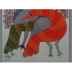 Nandan . नंदन ~ Hand Painted Gond Art ~ Painting ( 11" x 15" ) - peahens