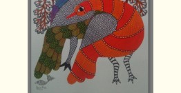 Nandan . नंदन ~ Hand Painted Gond Art ~ Painting ( 11" x 15" ) - peahens