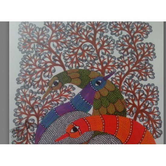 Hand Painted Gond Art ~ Painting ( 11" x 15" )  peahens