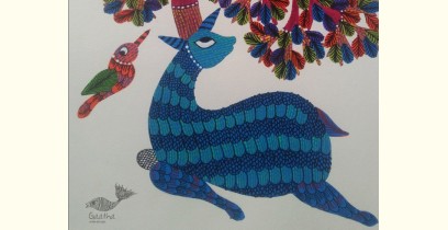 Nandan . नंदन ~ Hand Painted Gond Art ~ Painting ( 11" x 15" ) - Deer & Tree