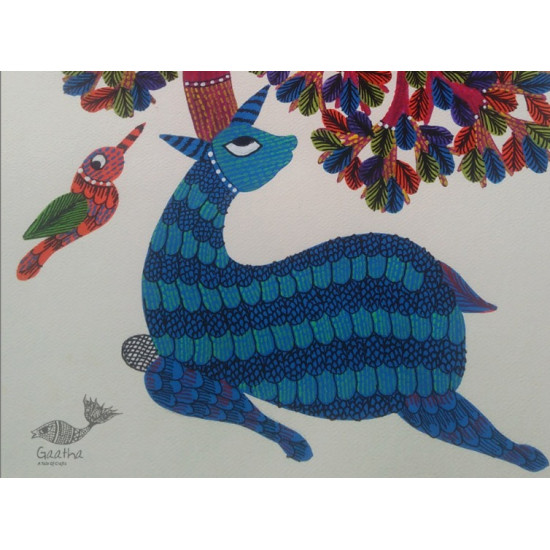 Hand Painted Gond Art ~ Painting ( 11" x 15" ) Deer & Tree