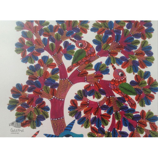 Hand Painted Gond Art ~ Painting ( 11" x 15" ) Deer & Tree