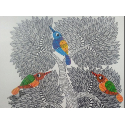 Nandan . नंदन ~ Hand Painted Gond Art ~ Painting ( 11" x 15" ) - birds