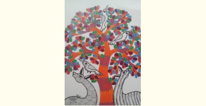 Nandan . नंदन ~ Hand Painted Gond Art ~ Painting ( 11" x 15" ) - Orange Tree