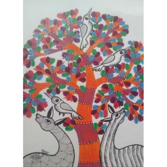 Hand Painted Gond Art ~ Painting ( 11" x 15" ) Orange Tree