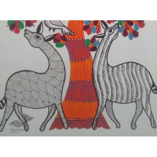 Hand Painted Gond Art ~ Painting ( 11" x 15" ) Orange Tree