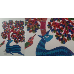 Nandan . नंदन ~ Hand Painted Gond Art ~ Painting ( 11" x 15" ) - Deer & Tree