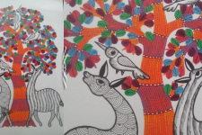 Nandan . नंदन ~ Hand Painted Gond Art ~ Painting ( 11" x 15" ) - Orange Tree