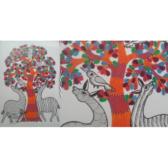 Hand Painted Gond Art ~ Painting ( 11" x 15" ) Orange Tree